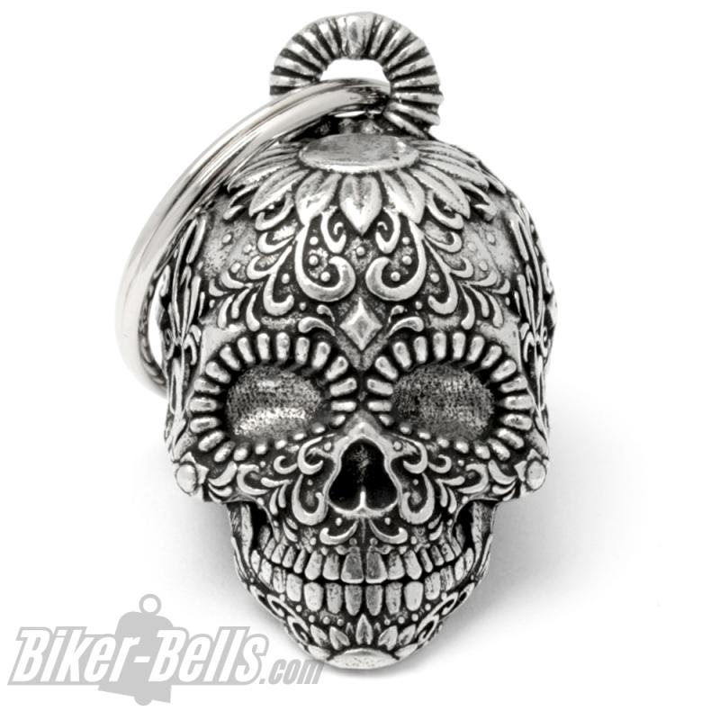 3D Totenkopf Biker-Bell verziert mit Blumen mexikanischer Candy Skull Ride Bell